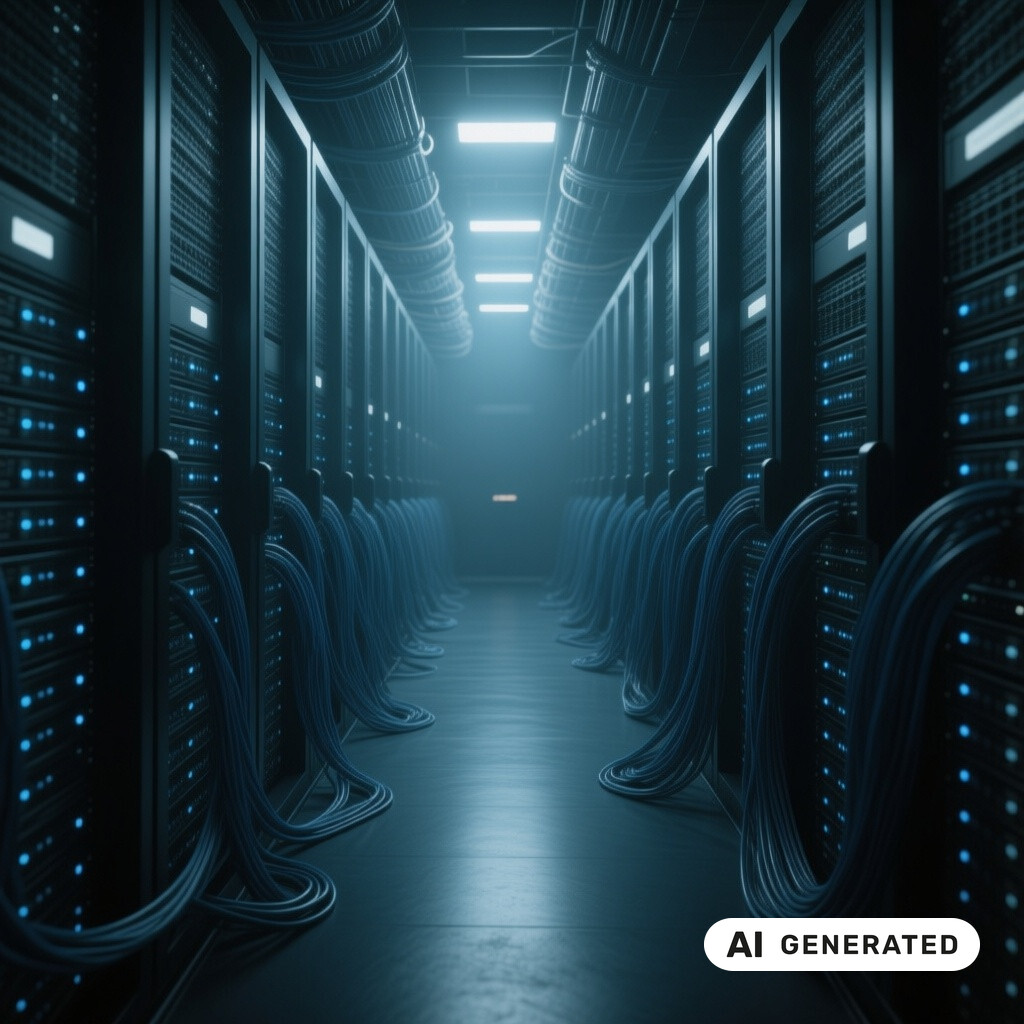 Serverraum mit langen Reihen von Racks, Glasfaserverkabelung und kuehlen blauen Kontrollleuchten