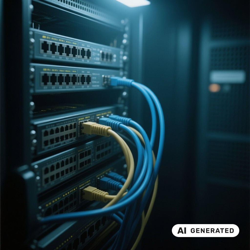 Nahaufnahme von Netzwerk-Switches und Patchkabeln in einem schwach beleuchteten Serverraum