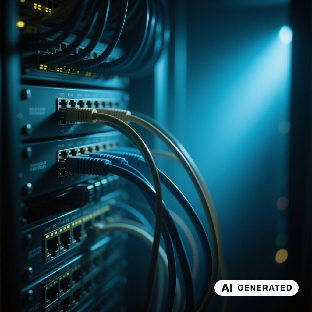 Nahaufnahme von Netzwerk-Switches und Patchkabeln in einem schwach beleuchteten Serverraum