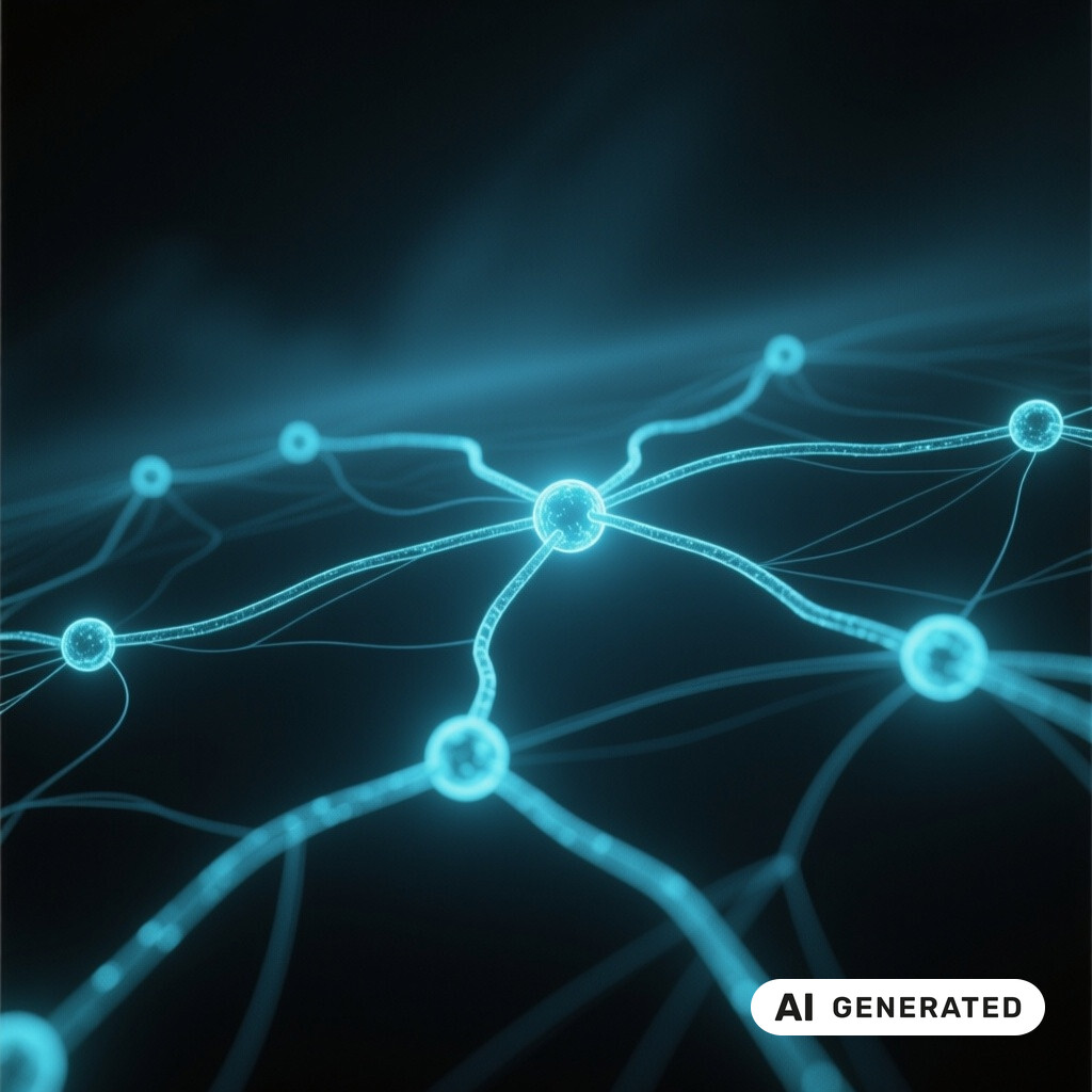 Abstrakte dreidimensionale Datenvisualisierung eines neuronalen Netzes im dunklen Raum