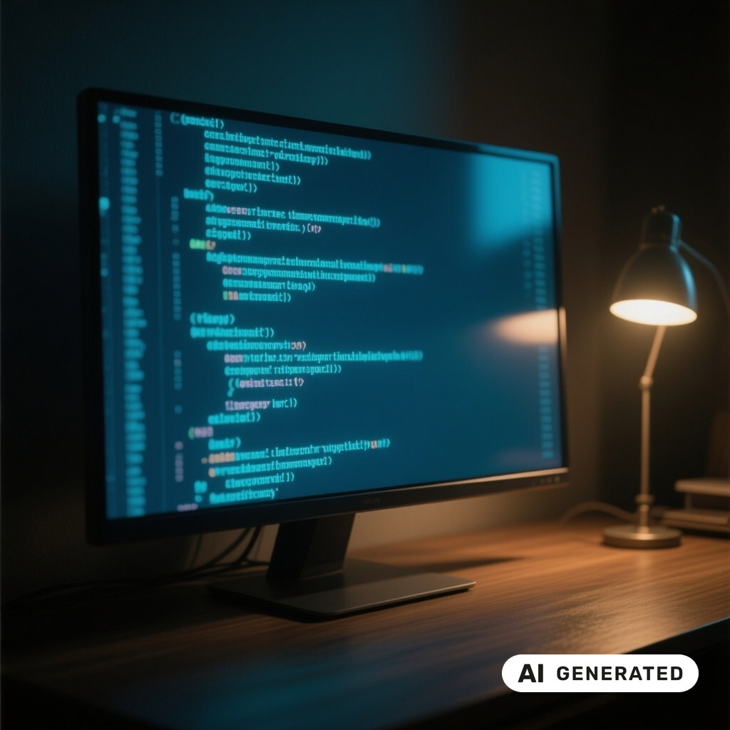Quellcode auf einem grossen Monitor in einem abgedunkelten Raum, warmes Licht einer Schreibtischlampe