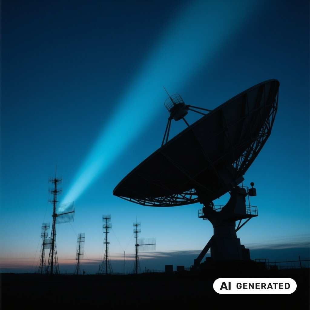 Satellitenschuessel und Antennenanlage als Silhouette vor tiefblauem Abendhimmel