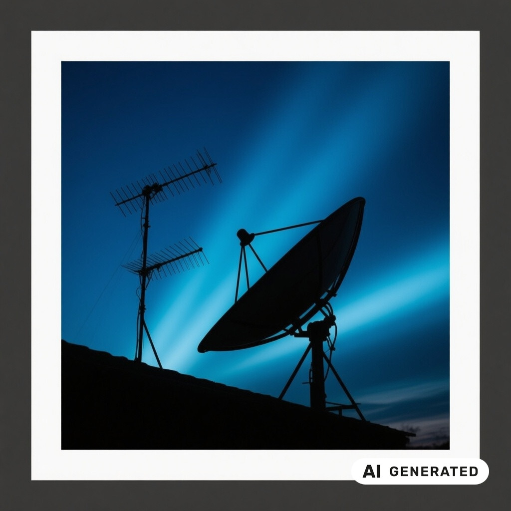 Satellitenschuessel und Antennenanlage als Silhouette vor tiefblauem Abendhimmel