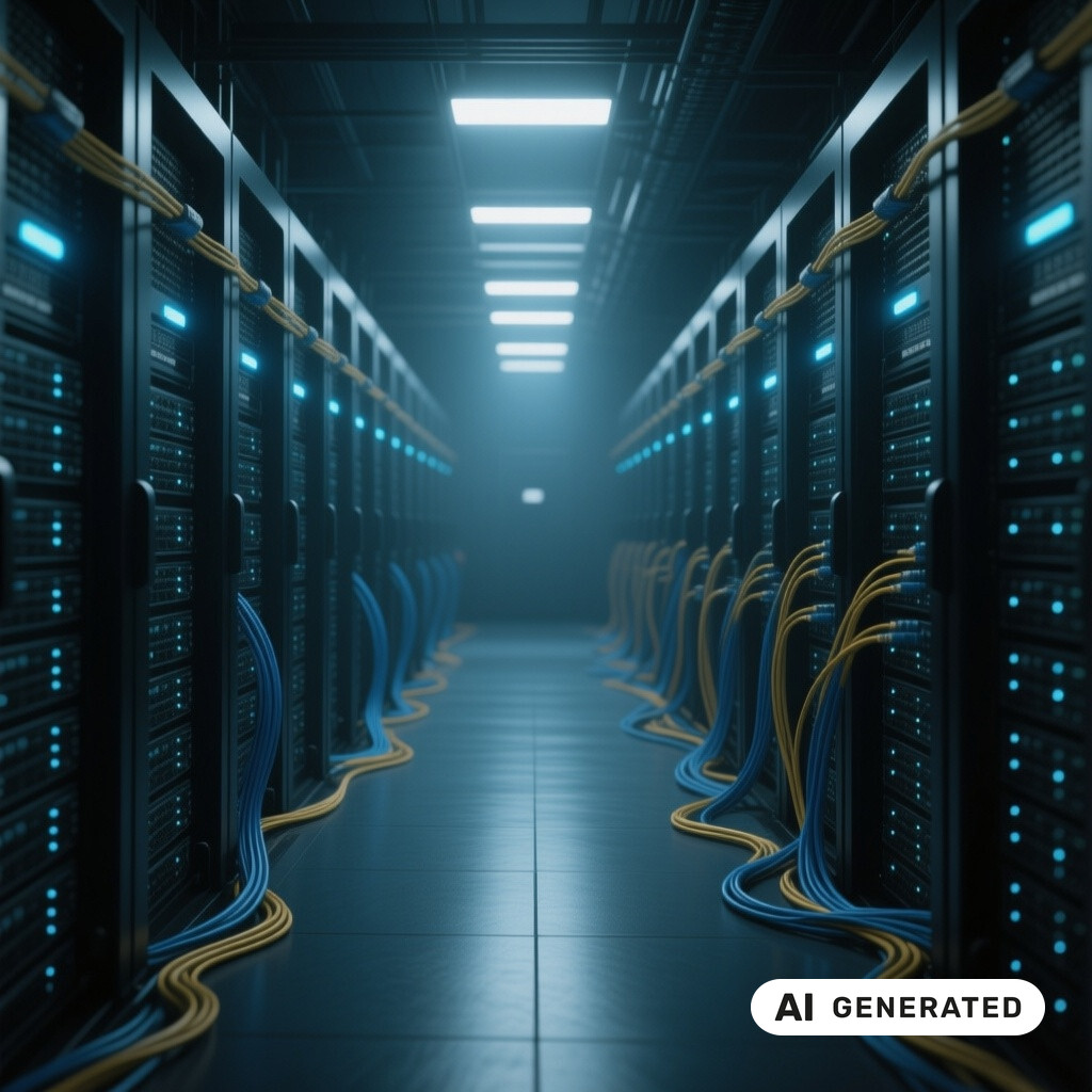 Serverraum mit langen Reihen von Racks, Glasfaserverkabelung und kuehlen blauen Kontrollleuchten