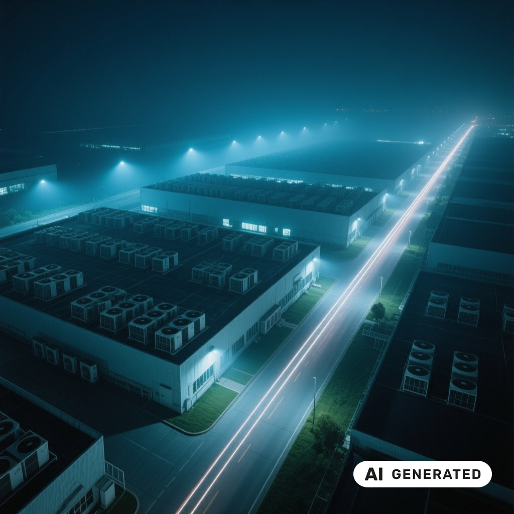 Luftaufnahme eines Rechenzentrums-Campus bei Nacht mit Kuehlanlagen und Lichtspuren