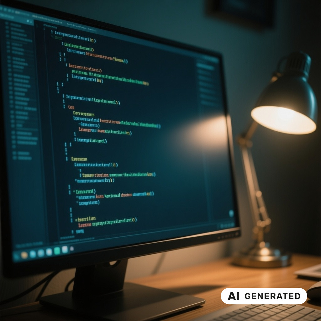 Quellcode auf einem grossen Monitor in einem abgedunkelten Raum, warmes Licht einer Schreibtischlampe