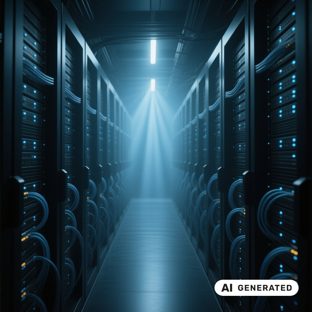 Serverraum mit langen Reihen von Racks, Glasfaserverkabelung und kuehlen blauen Kontrollleuchten