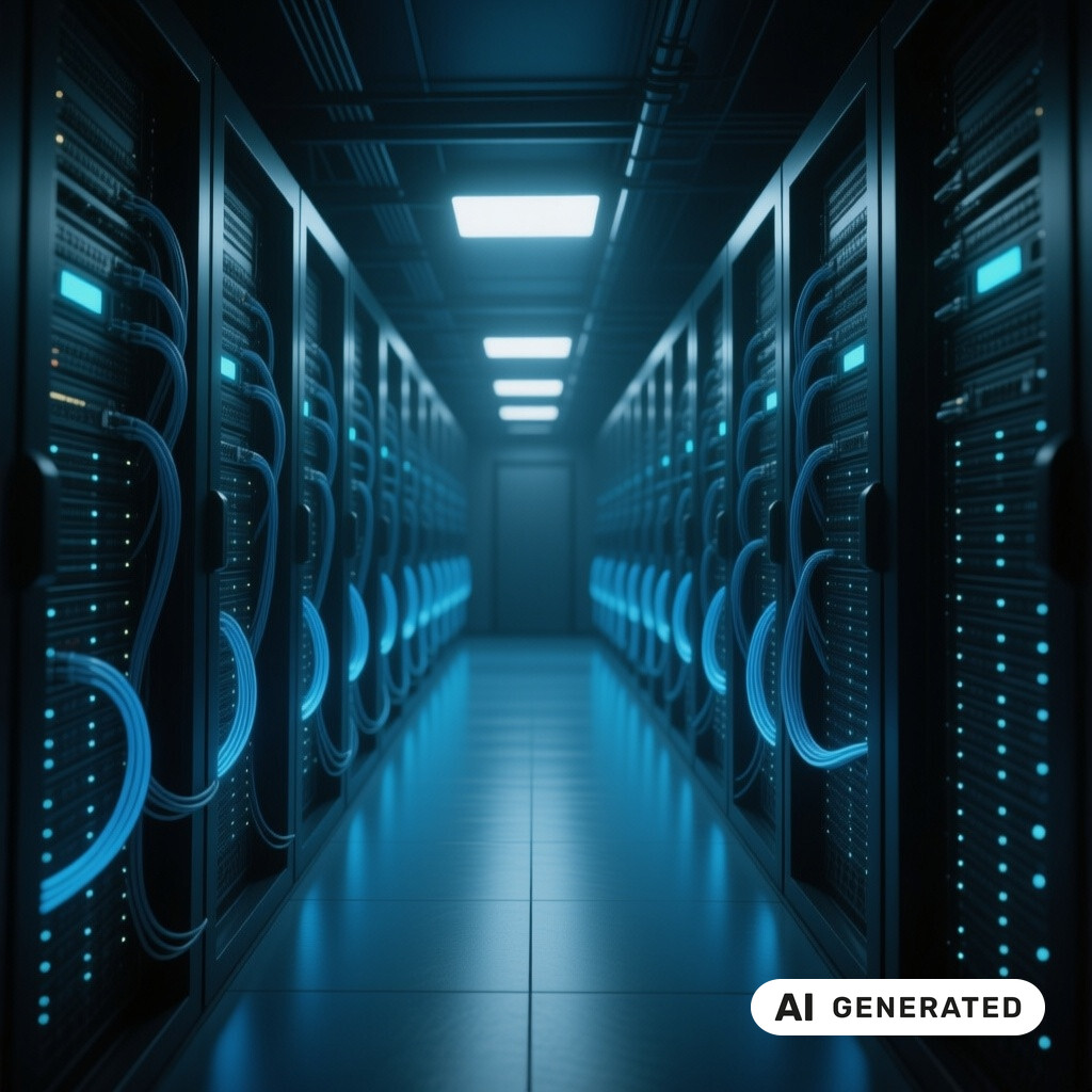 Serverraum mit langen Reihen von Racks, Glasfaserverkabelung und kuehlen blauen Kontrollleuchten