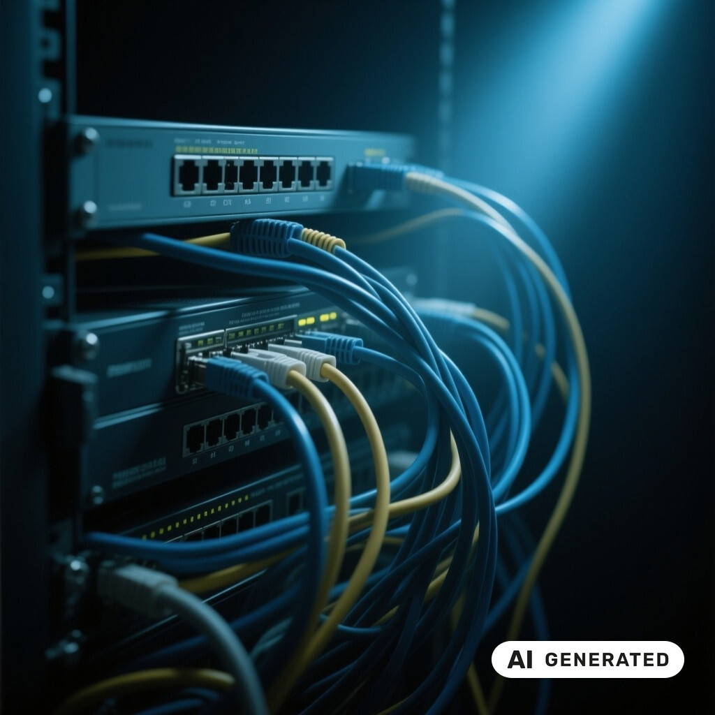 Nahaufnahme von Netzwerk-Switches und Patchkabeln in einem schwach beleuchteten Serverraum