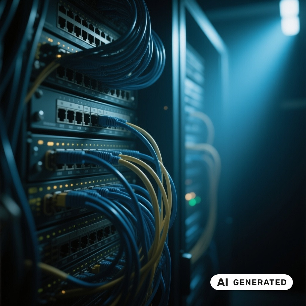 Nahaufnahme von Netzwerk-Switches und Patchkabeln in einem schwach beleuchteten Serverraum