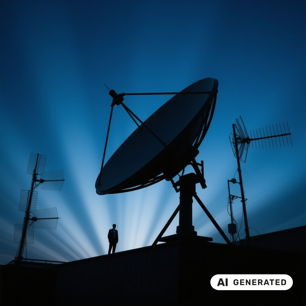 Satellitenschuessel und Antennenanlage als Silhouette vor tiefblauem Abendhimmel