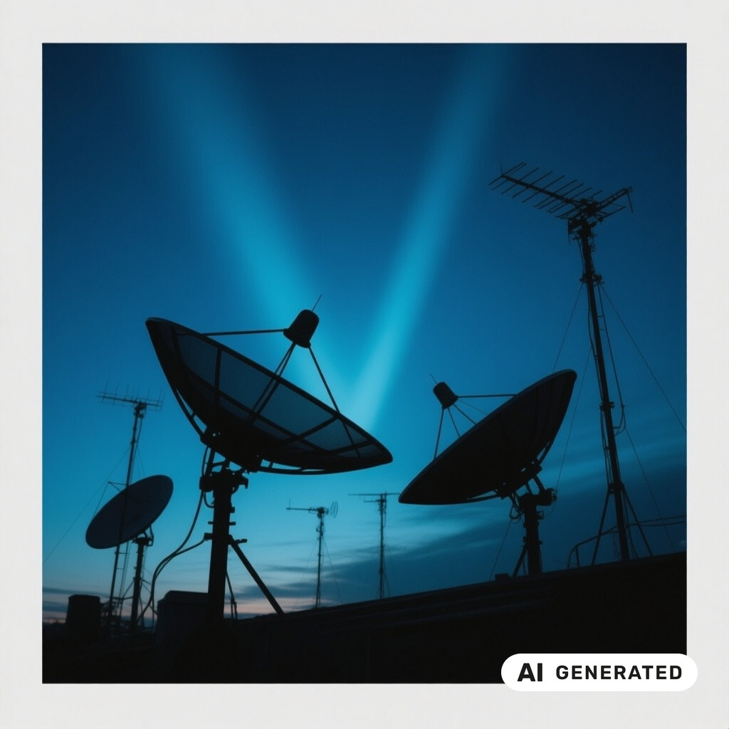 Satellitenschuessel und Antennenanlage als Silhouette vor tiefblauem Abendhimmel