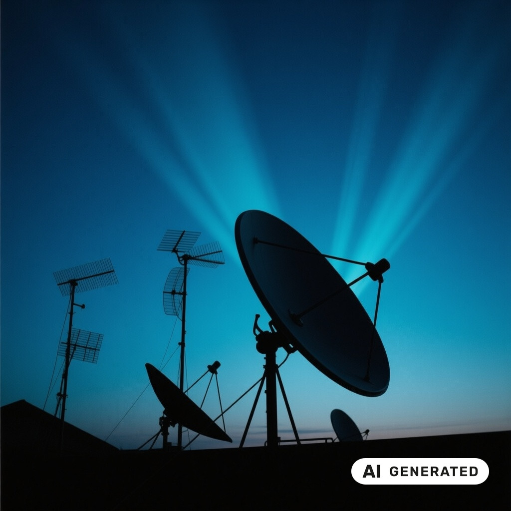 Satellitenschuessel und Antennenanlage als Silhouette vor tiefblauem Abendhimmel