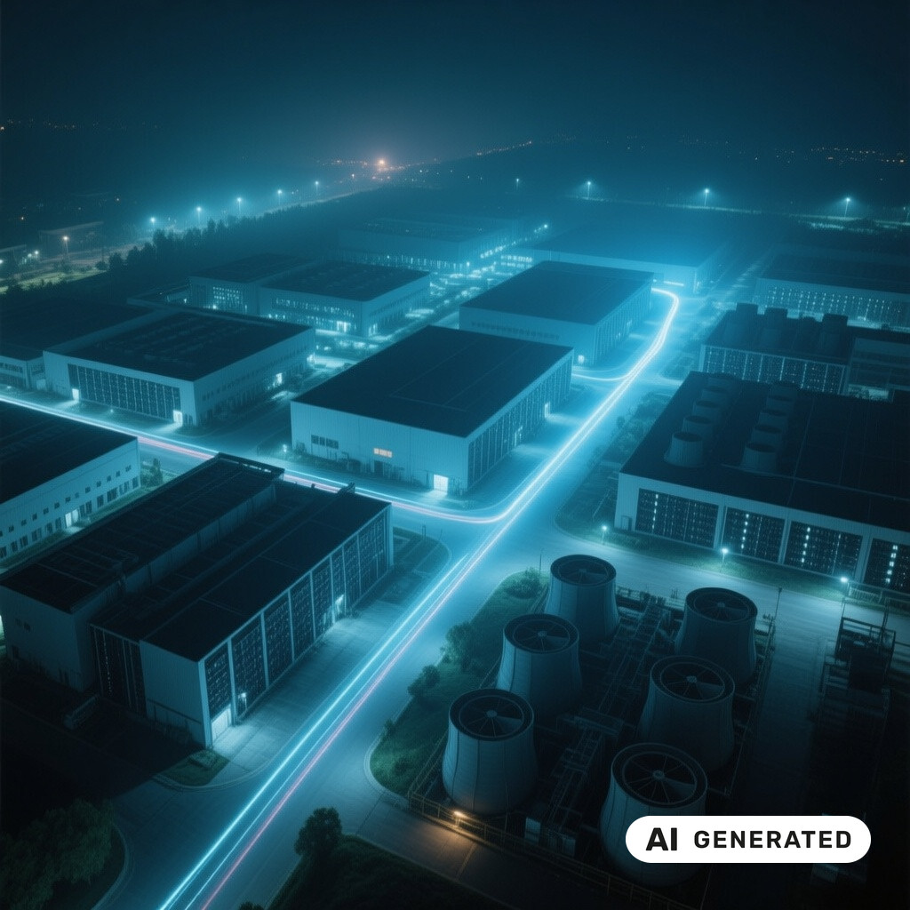 Luftaufnahme eines Rechenzentrums-Campus bei Nacht mit Kuehlanlagen und Lichtspuren