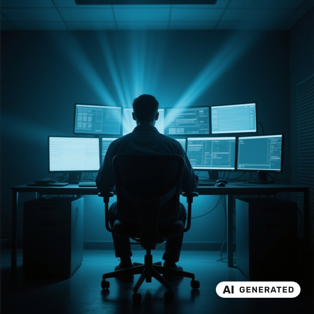 Ein Entwickler von hinten an einem Arbeitsplatz mit mehreren Monitoren in einem dunklen Raum