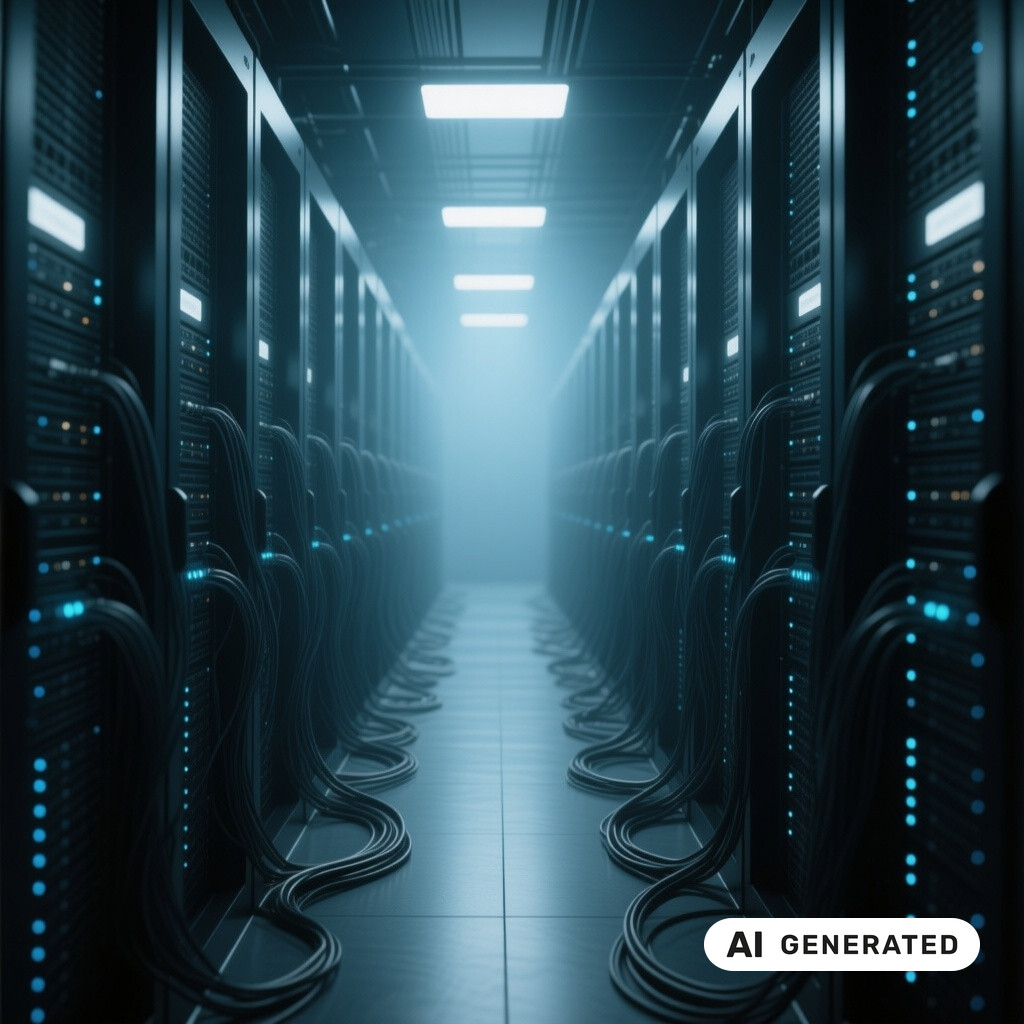 Serverraum mit langen Reihen von Racks, Glasfaserverkabelung und kuehlen blauen Kontrollleuchten