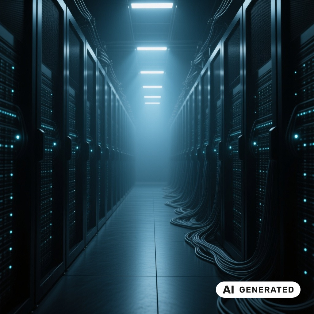 Serverraum mit langen Reihen von Racks, Glasfaserverkabelung und kuehlen blauen Kontrollleuchten