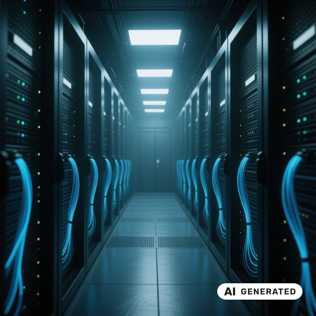 Serverraum mit langen Reihen von Racks, Glasfaserverkabelung und kuehlen blauen Kontrollleuchten