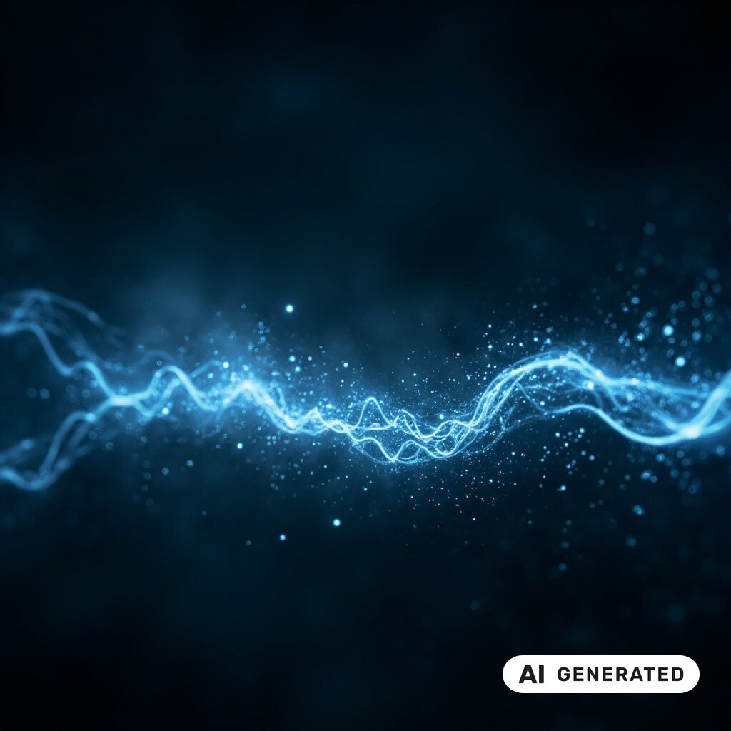 Abstrakter Strom aus Lichtpartikeln und Datenstroemen im tiefdunklen Raum