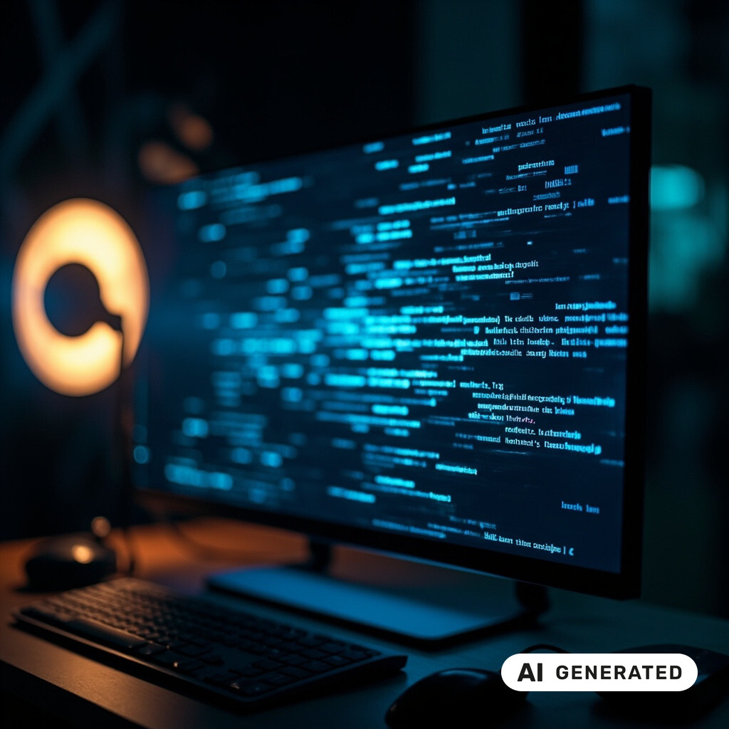 Quellcode auf einem großen Monitor in einem abgedunkelten Raum, warmes Licht einer Schreibtischlampe
