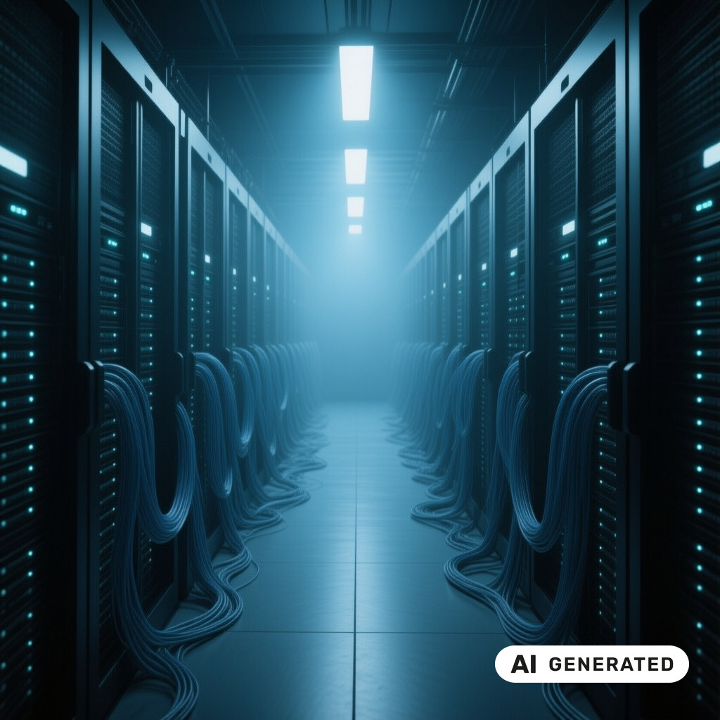 Serverraum mit langen Reihen von Racks, Glasfaserverkabelung und kuehlen blauen Kontrollleuchten
