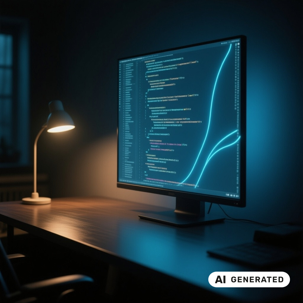 Quellcode auf einem grossen Monitor in einem abgedunkelten Raum, warmes Licht einer Schreibtischlampe