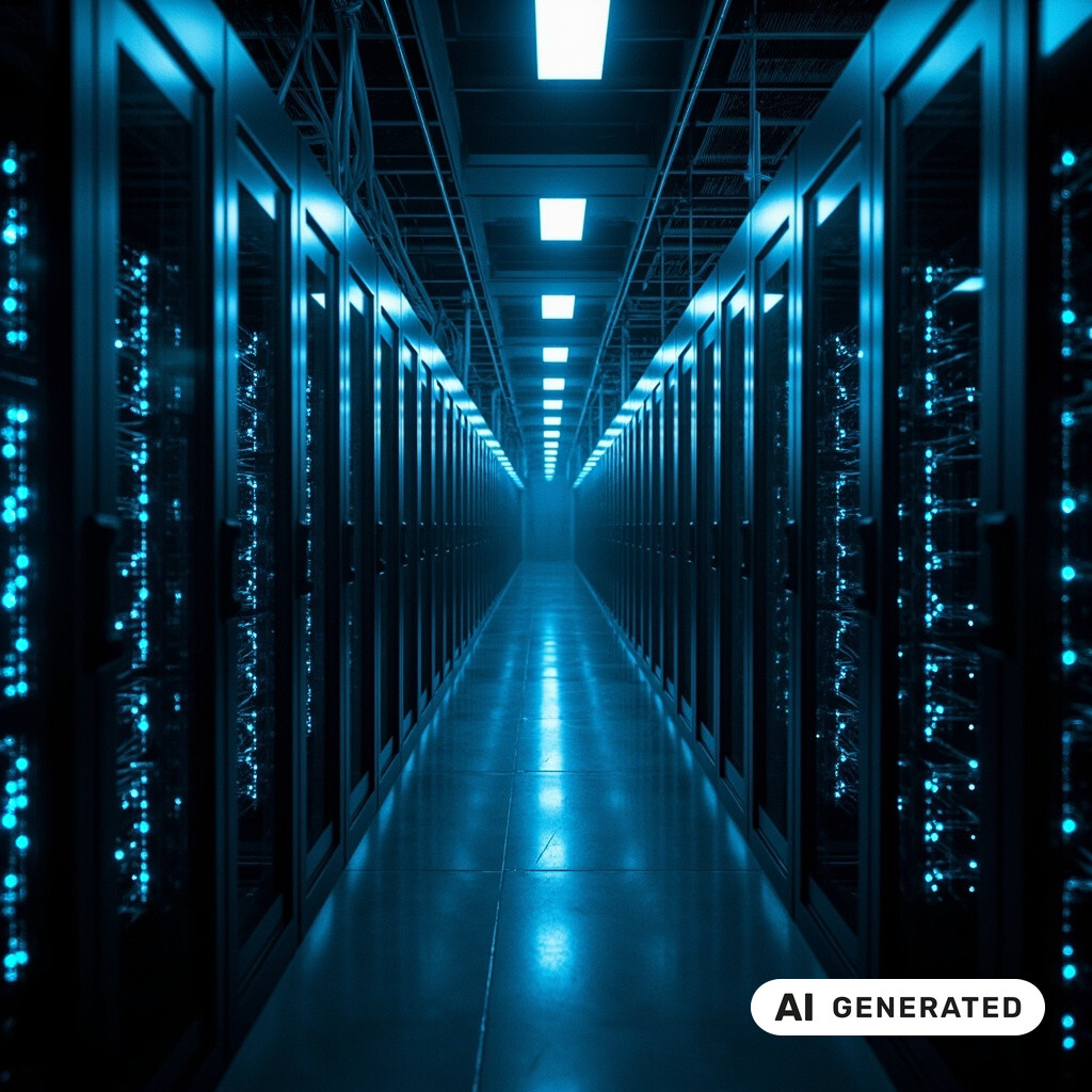 Serverraum mit langen Reihen von Racks, Glasfaserverkabelung und kuehlen blauen Kontrollleuchten