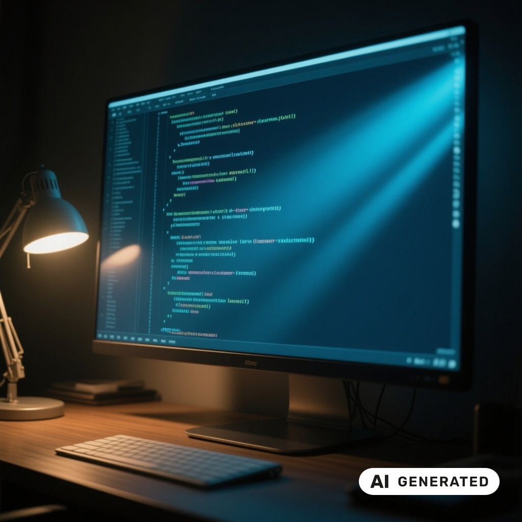 Quellcode auf einem grossen Monitor in einem abgedunkelten Raum, warmes Licht einer Schreibtischlampe