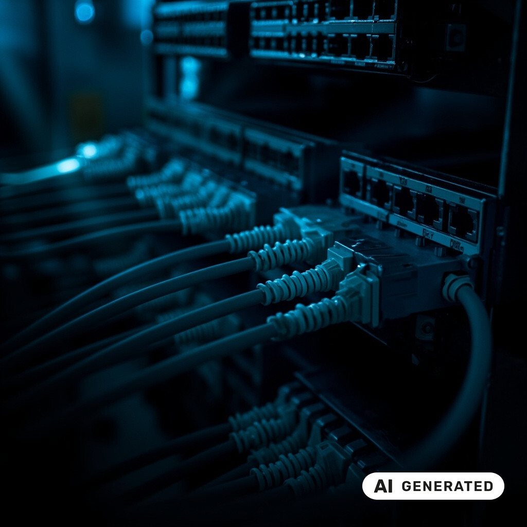 Nahaufnahme von Netzwerk-Switches und Patchkabeln in einem schwach beleuchteten Serverraum