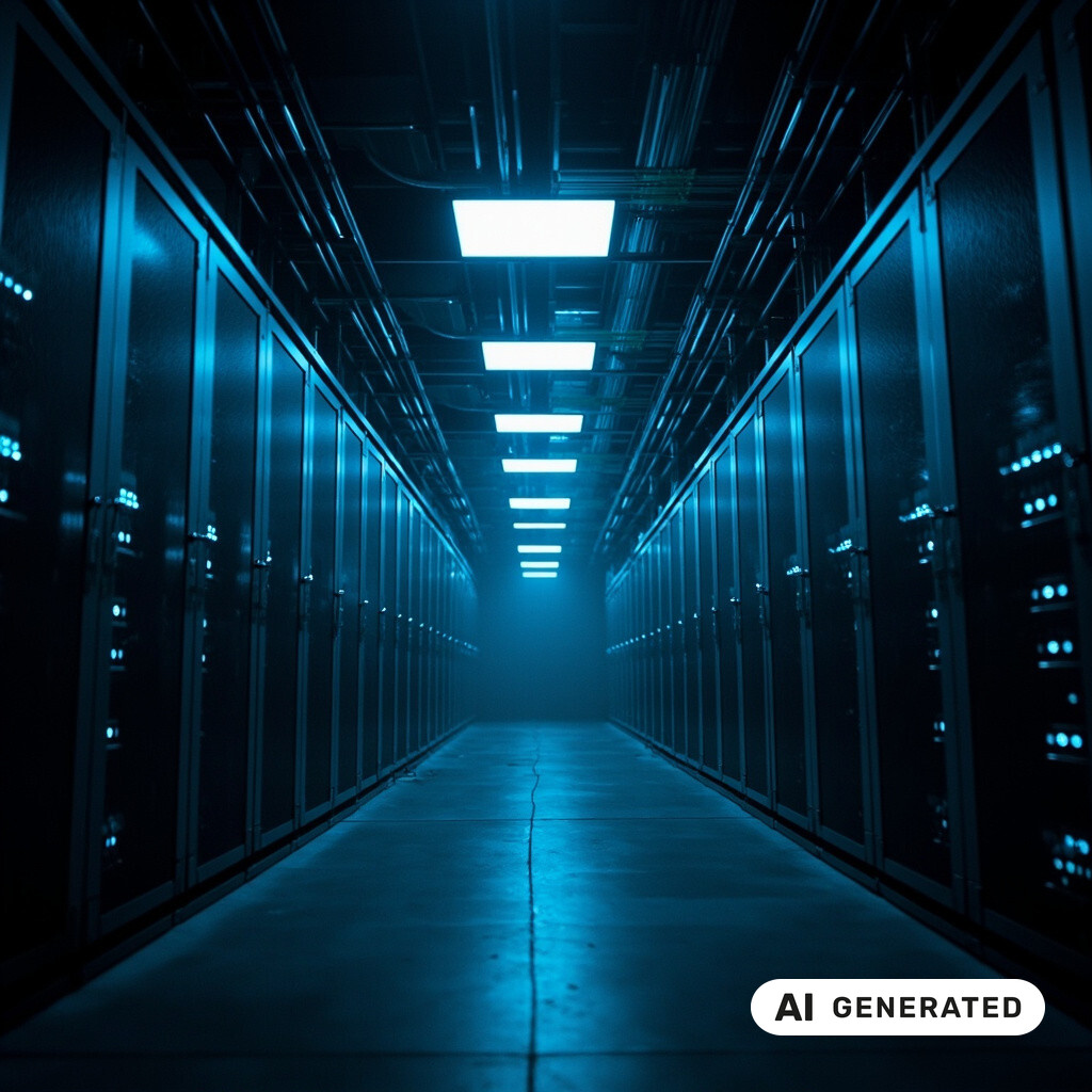 Serverraum mit langen Reihen von Racks, Glasfaserverkabelung und kuehlen blauen Kontrollleuchten