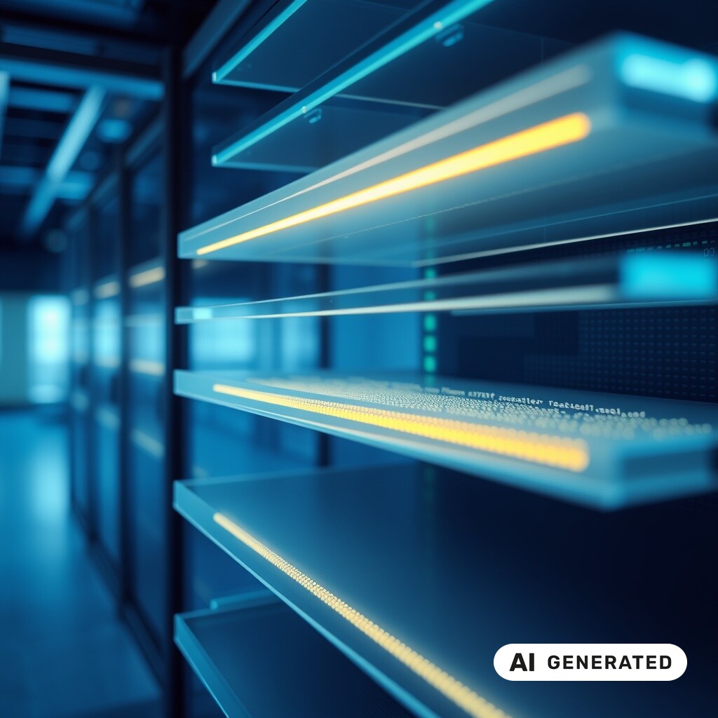 Durchscheinende Glasebenen über einem Serverschrank im Rechenzentrum, durch die Daten als weiches Licht fließen