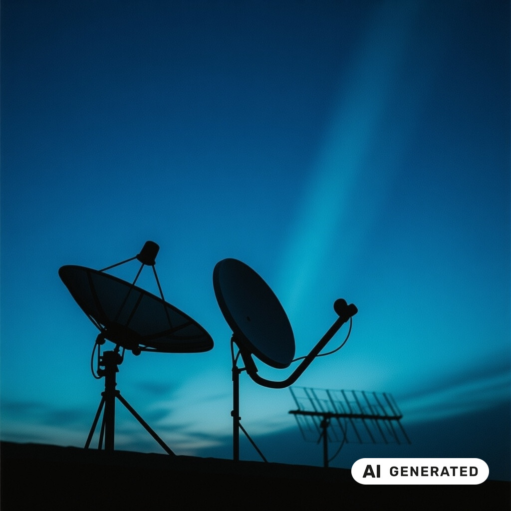 Satellitenschuessel und Antennenanlage als Silhouette vor tiefblauem Abendhimmel