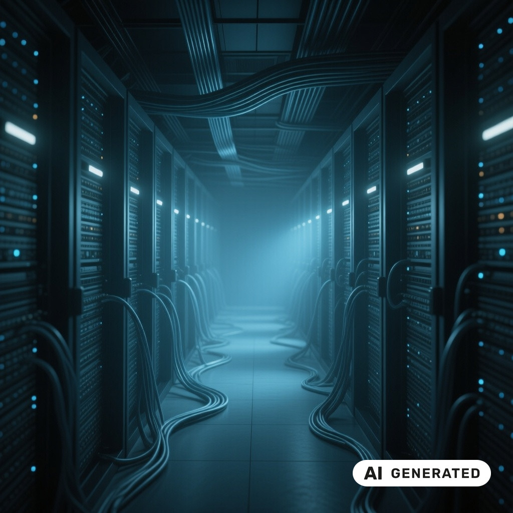 Serverraum mit langen Reihen von Racks, Glasfaserverkabelung und kuehlen blauen Kontrollleuchten
