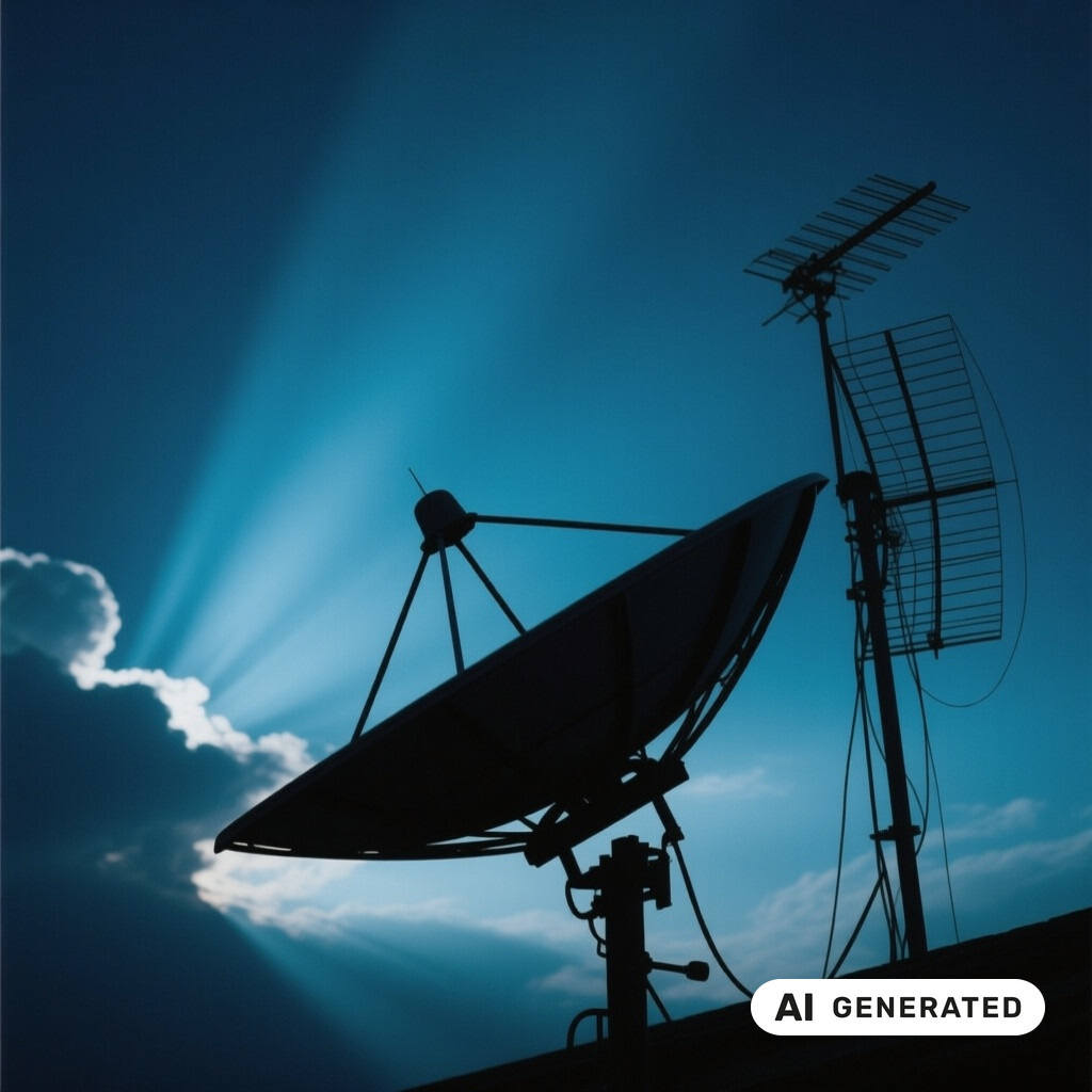 Satellitenschuessel und Antennenanlage als Silhouette vor tiefblauem Abendhimmel