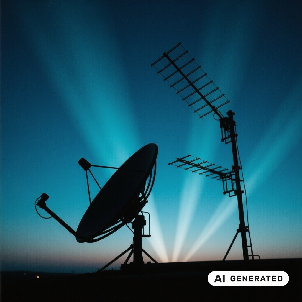 Satellitenschuessel und Antennenanlage als Silhouette vor tiefblauem Abendhimmel