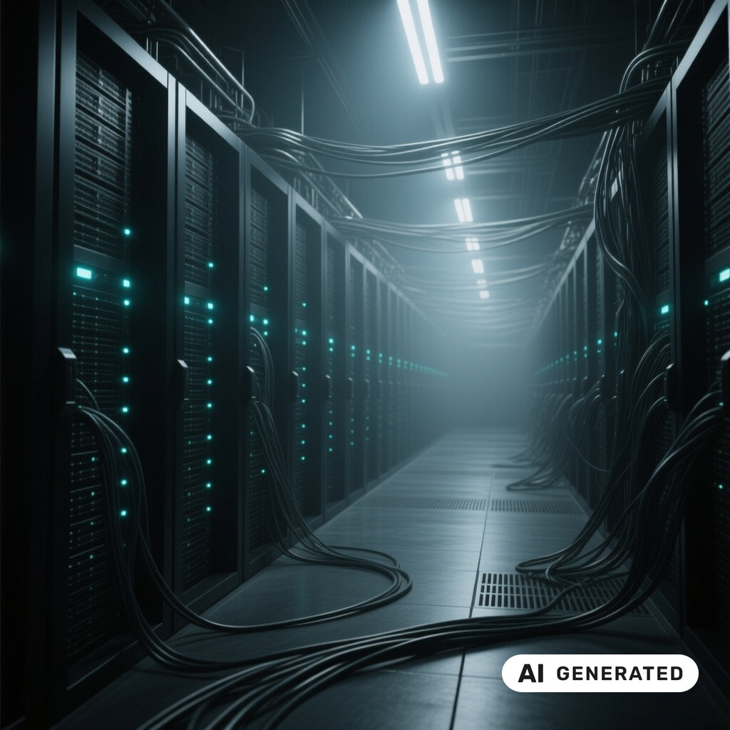 Serverraum mit langen Reihen von Racks, Glasfaserverkabelung und kuehlen blauen Kontrollleuchten