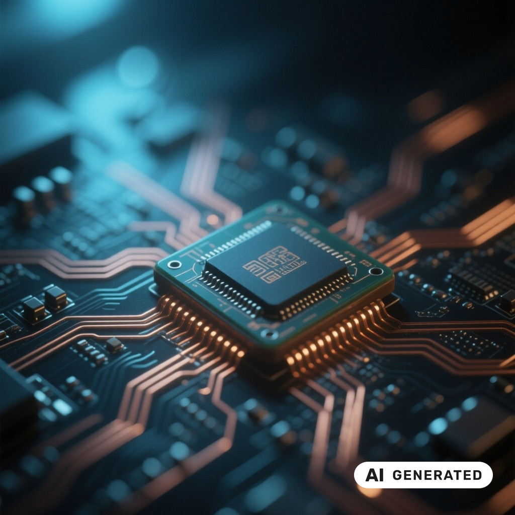 Makroaufnahme einer Platine mit Mikrochip und leuchtenden Kupferleiterbahnen