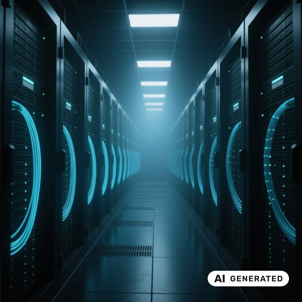 Serverraum mit langen Reihen von Racks, Glasfaserverkabelung und kuehlen blauen Kontrollleuchten