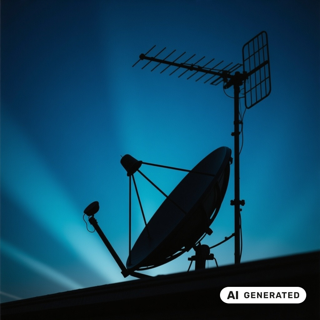 Satellitenschuessel und Antennenanlage als Silhouette vor tiefblauem Abendhimmel