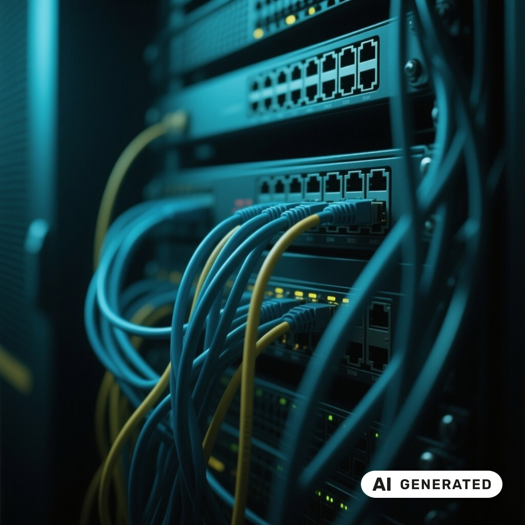 Nahaufnahme von Netzwerk-Switches und Patchkabeln in einem schwach beleuchteten Serverraum