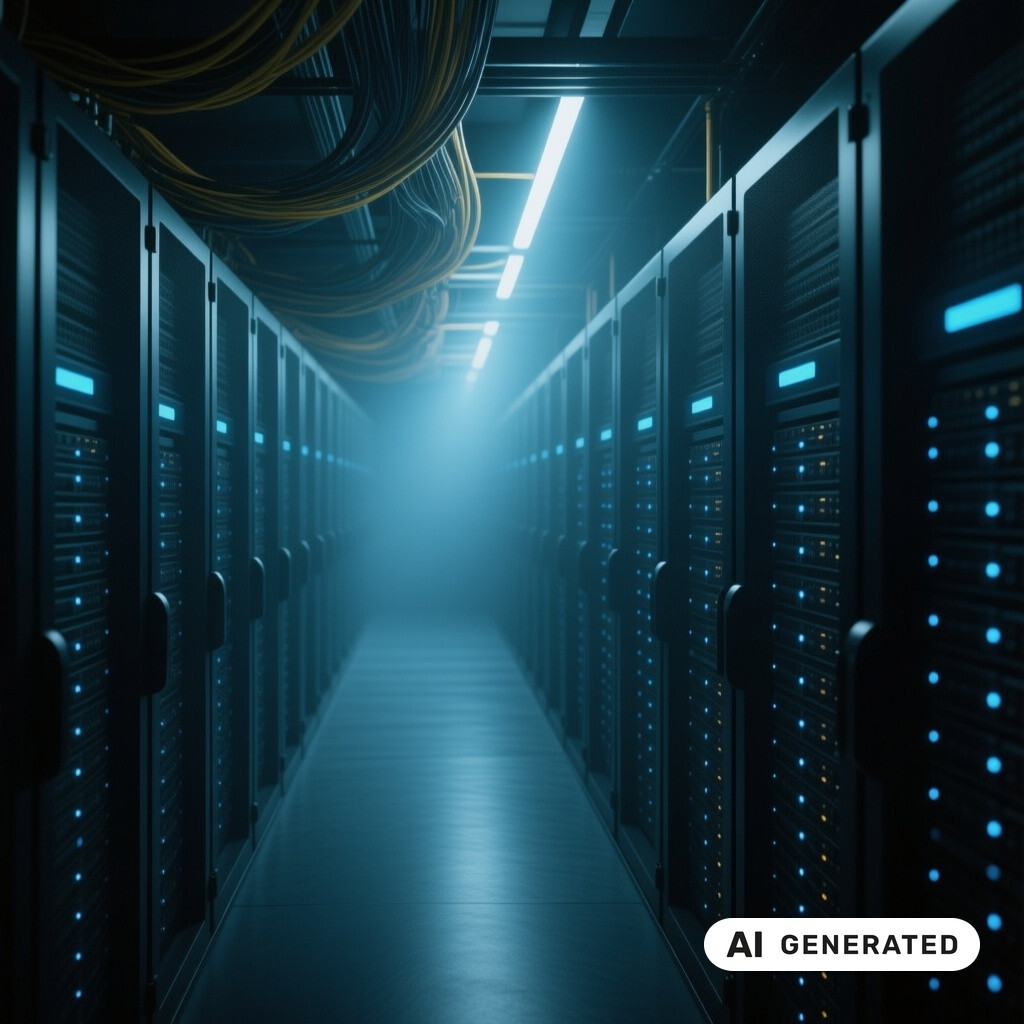Serverraum mit langen Reihen von Racks, Glasfaserverkabelung und kuehlen blauen Kontrollleuchten