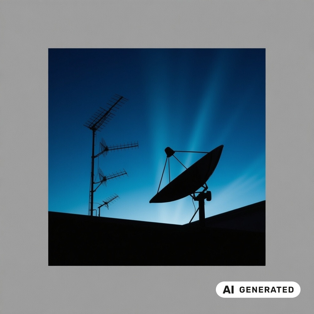 Satellitenschuessel und Antennenanlage als Silhouette vor tiefblauem Abendhimmel