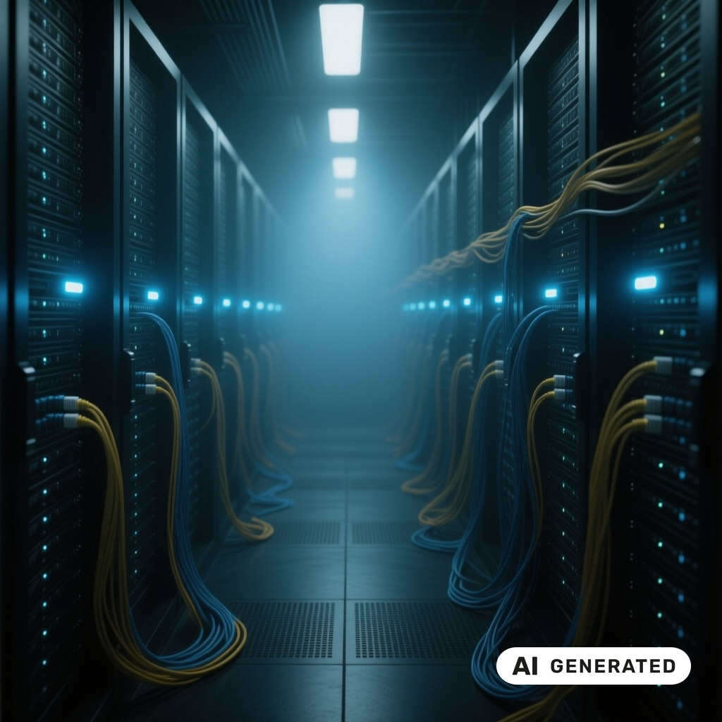 Serverraum mit langen Reihen von Racks, Glasfaserverkabelung und kuehlen blauen Kontrollleuchten