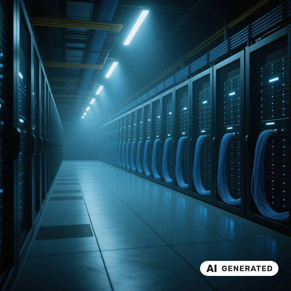 Serverraum mit langen Reihen von Racks, Glasfaserverkabelung und kuehlen blauen Kontrollleuchten