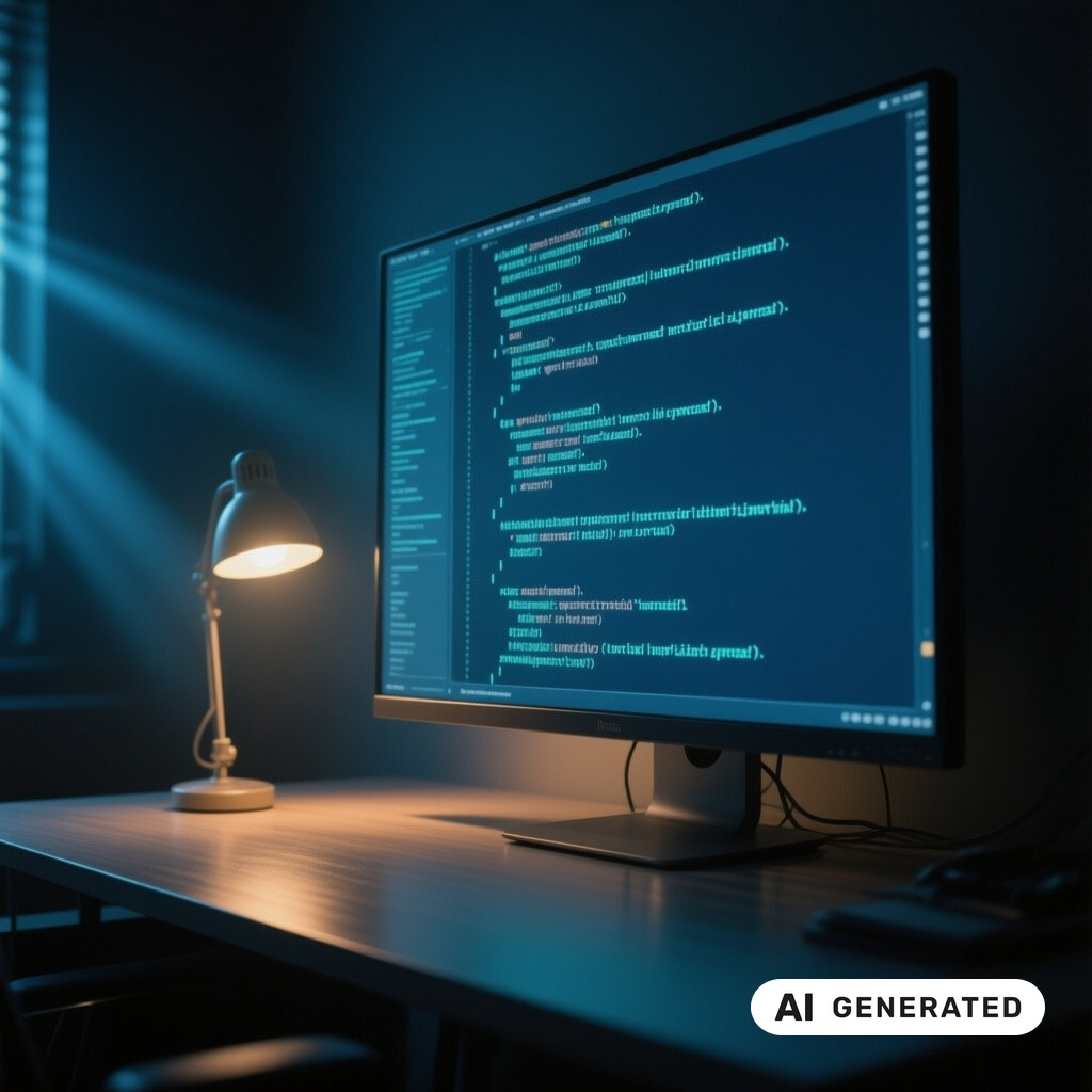 Quellcode auf einem grossen Monitor in einem abgedunkelten Raum, warmes Licht einer Schreibtischlampe