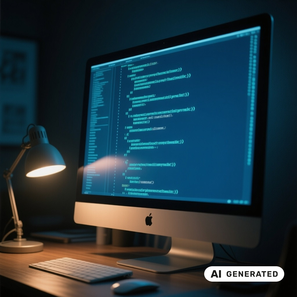Quellcode auf einem grossen Monitor in einem abgedunkelten Raum, warmes Licht einer Schreibtischlampe