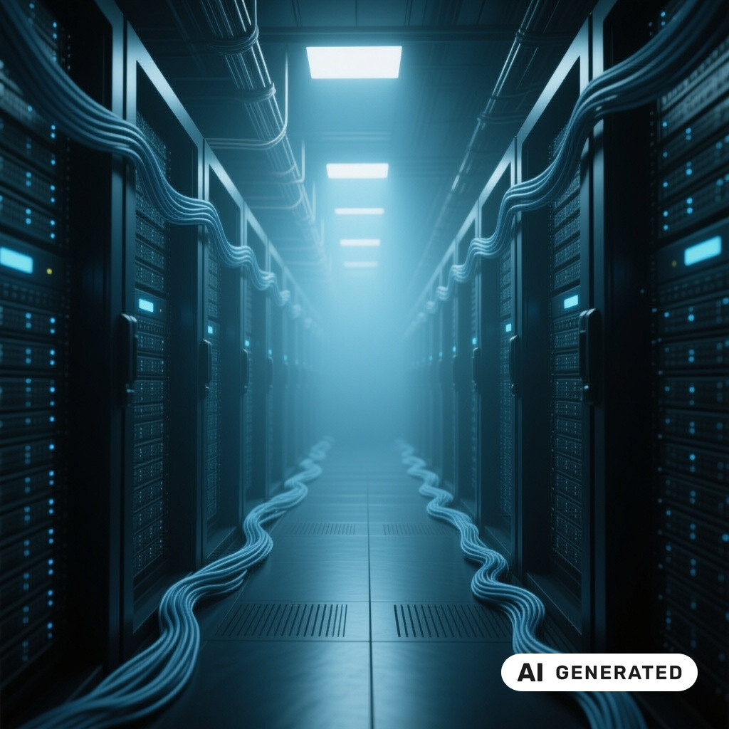 Serverraum mit langen Reihen von Racks, Glasfaserverkabelung und kuehlen blauen Kontrollleuchten