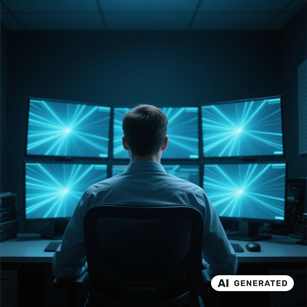 Ein Entwickler von hinten an einem Arbeitsplatz mit mehreren Monitoren in einem dunklen Raum
