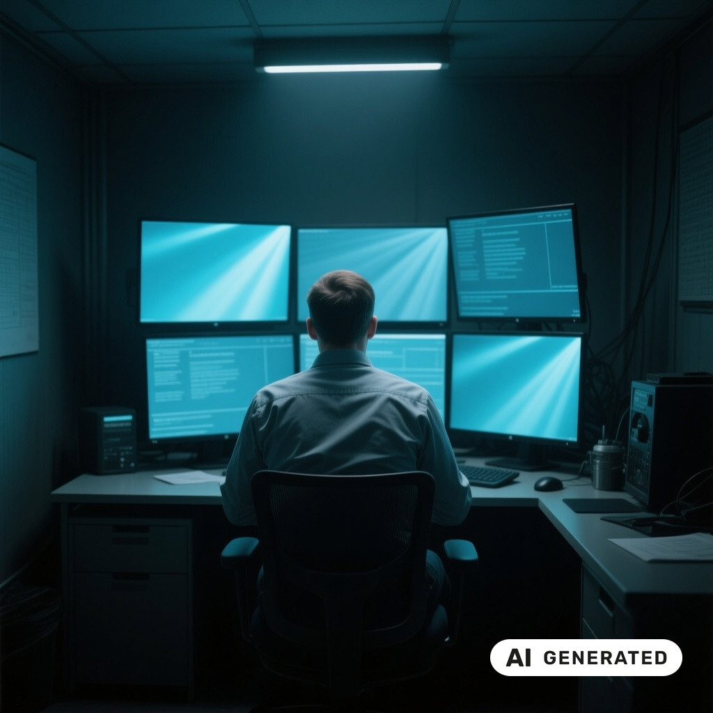 Ein Entwickler von hinten an einem Arbeitsplatz mit mehreren Monitoren in einem dunklen Raum