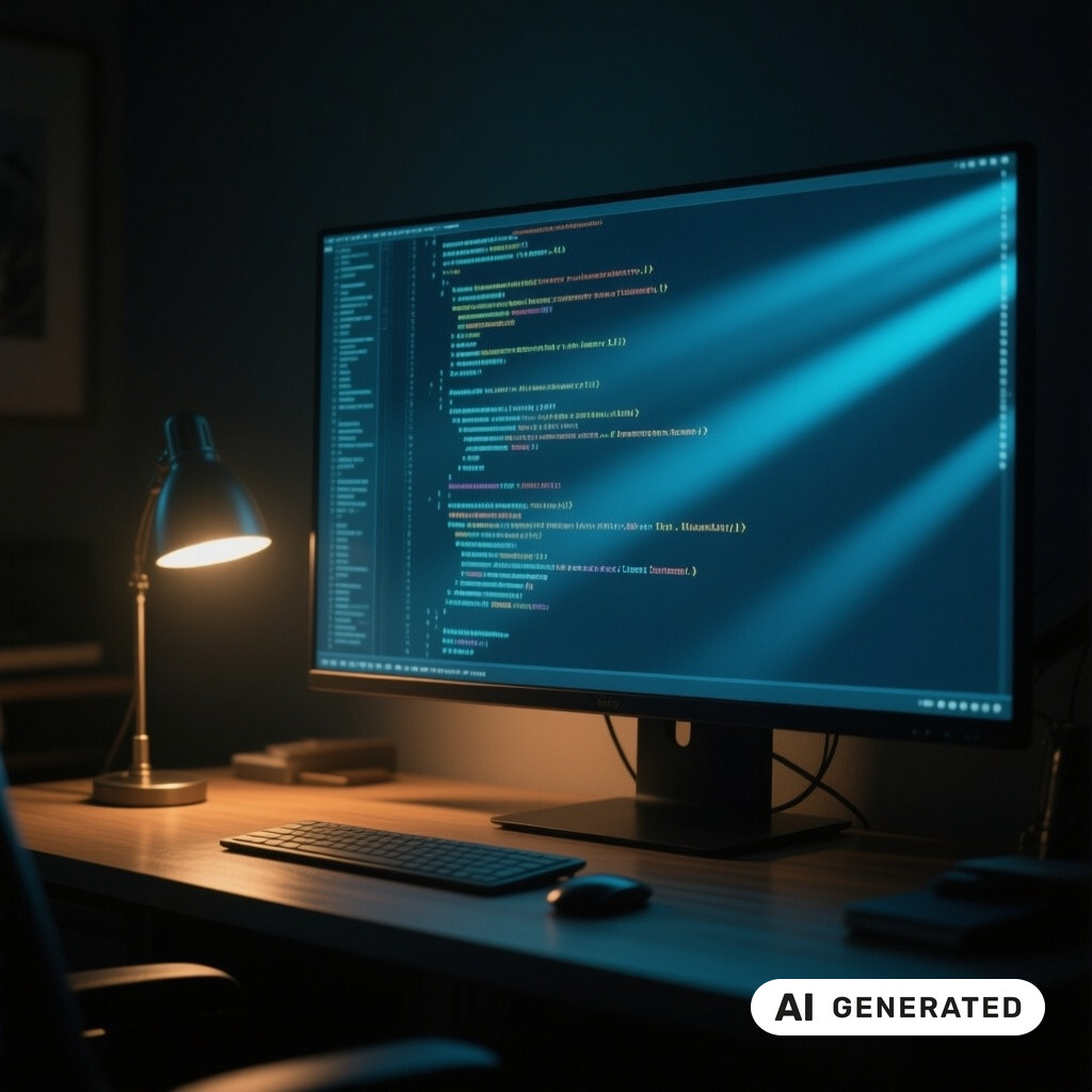Quellcode auf einem grossen Monitor in einem abgedunkelten Raum, warmes Licht einer Schreibtischlampe